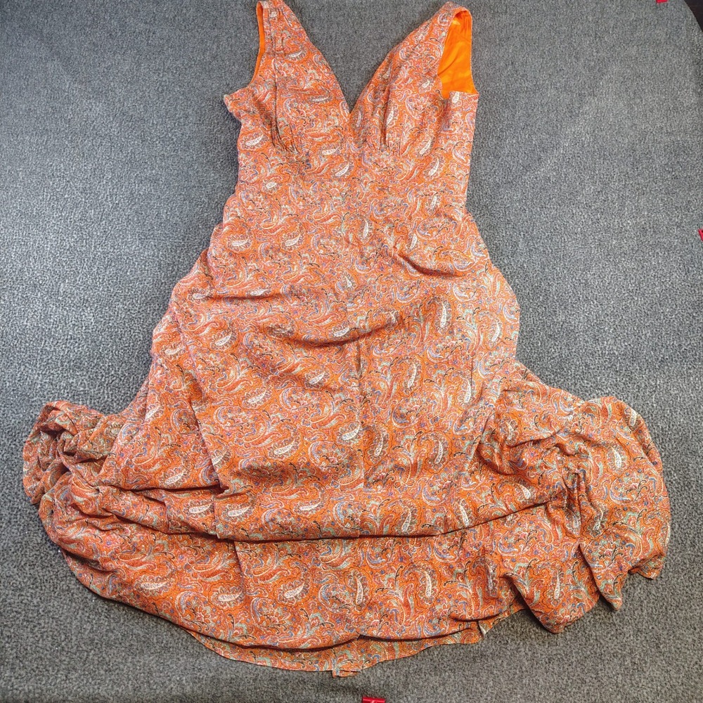 Vintage Paisley Metallic Maxi Dress Womens Orange Boho Lurex Gown